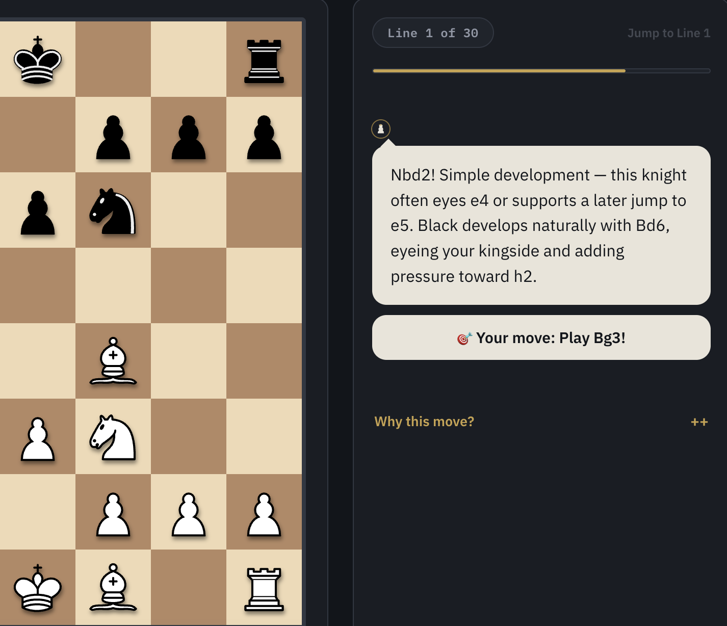 A real practice screen from the site, showing half the board and the coach's plain-English explanation of the move