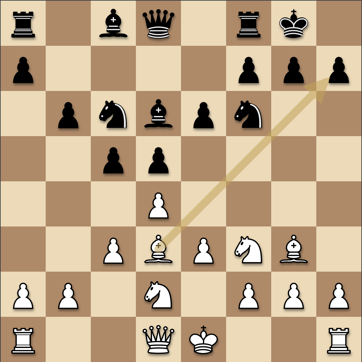 A real board from the site mid-practice, showing a gold arrow highlighting the move
